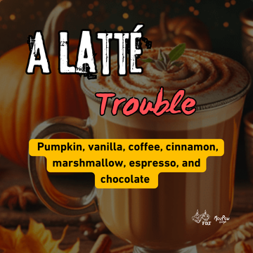 Warm beverage topped with whipped cream and cinnamon, in a glass mug with a pumpkin in the background, surrounded by autumn leaves and spices.