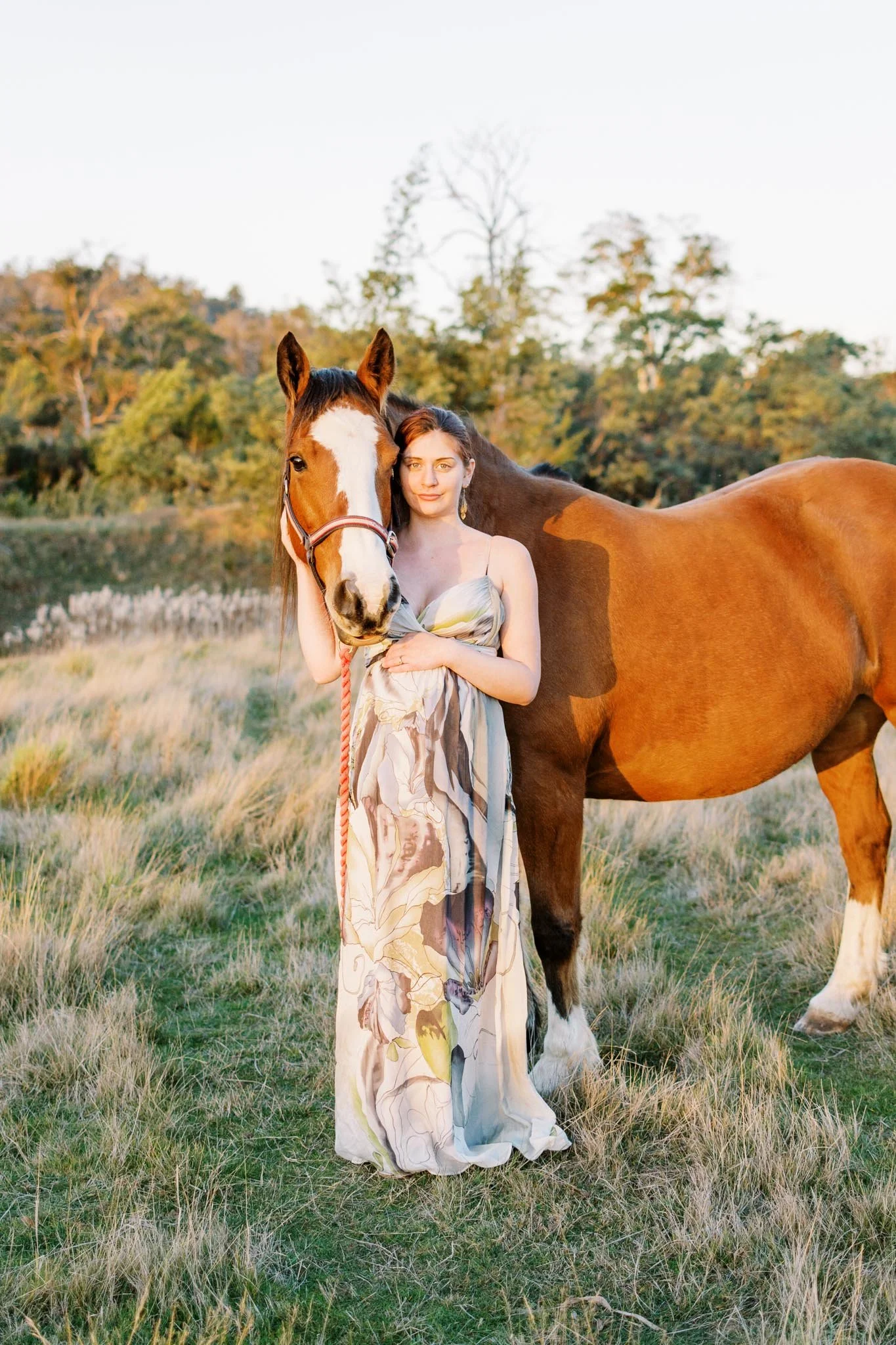 Sunset maternity portrait with horse in Squamish
