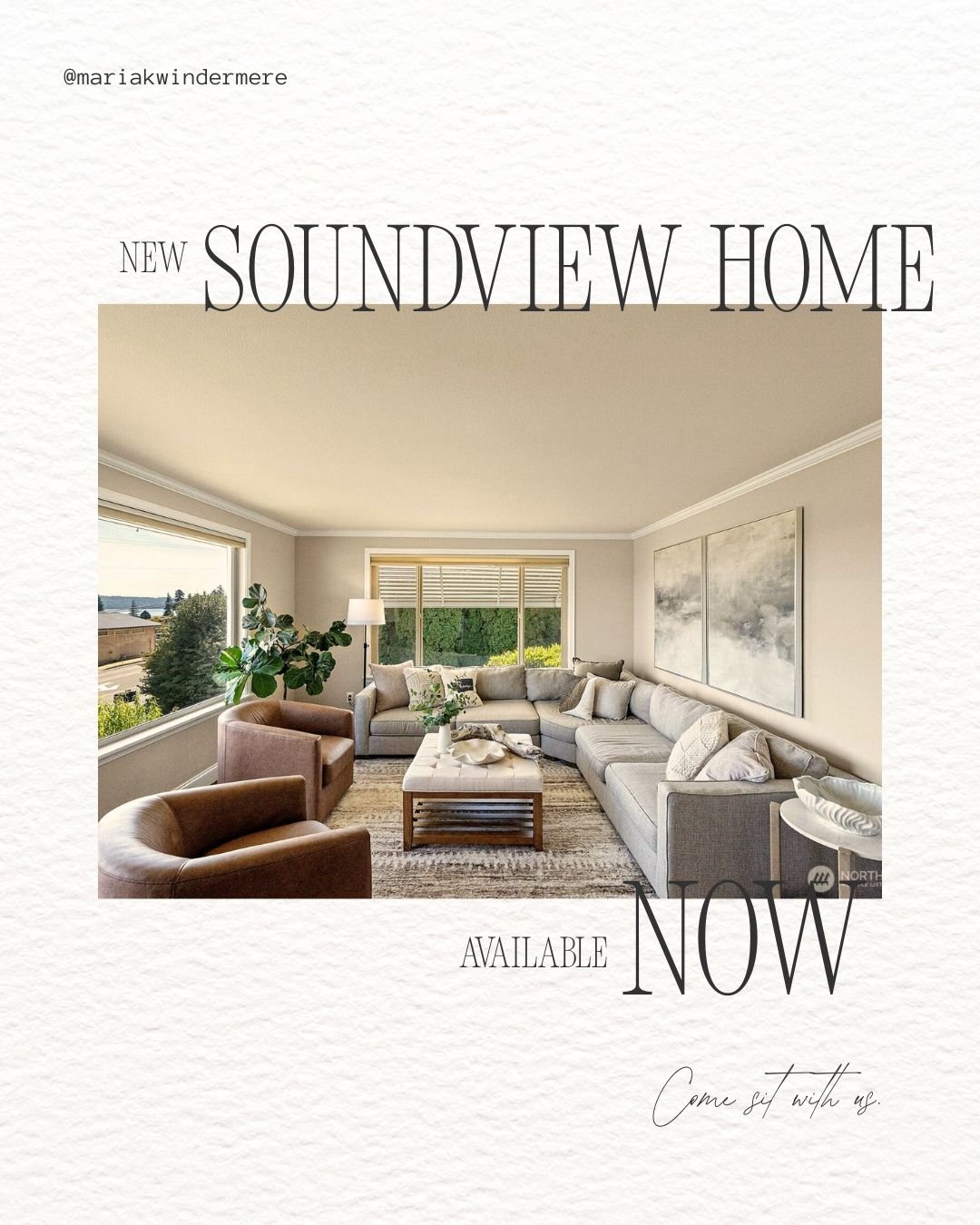 Interior living room with large windows, sectional sofa, armchairs, coffee table, and artwork, promoting the new Soundview Home now available.