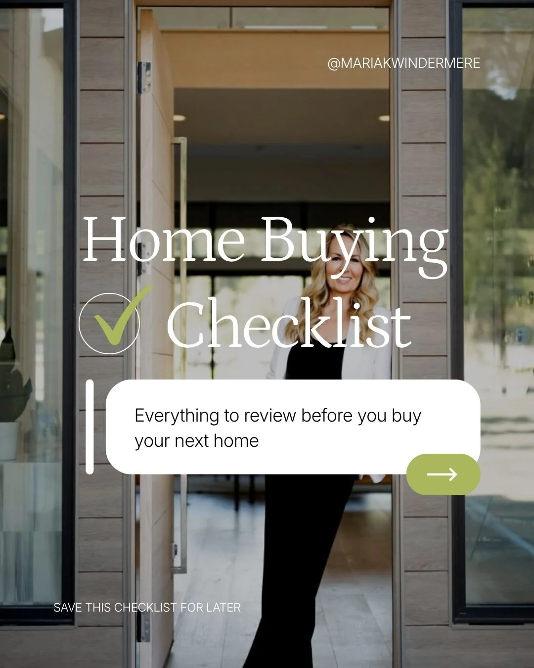 Cover of a home buying checklist guide featuring a woman smiling at a house entrance door.