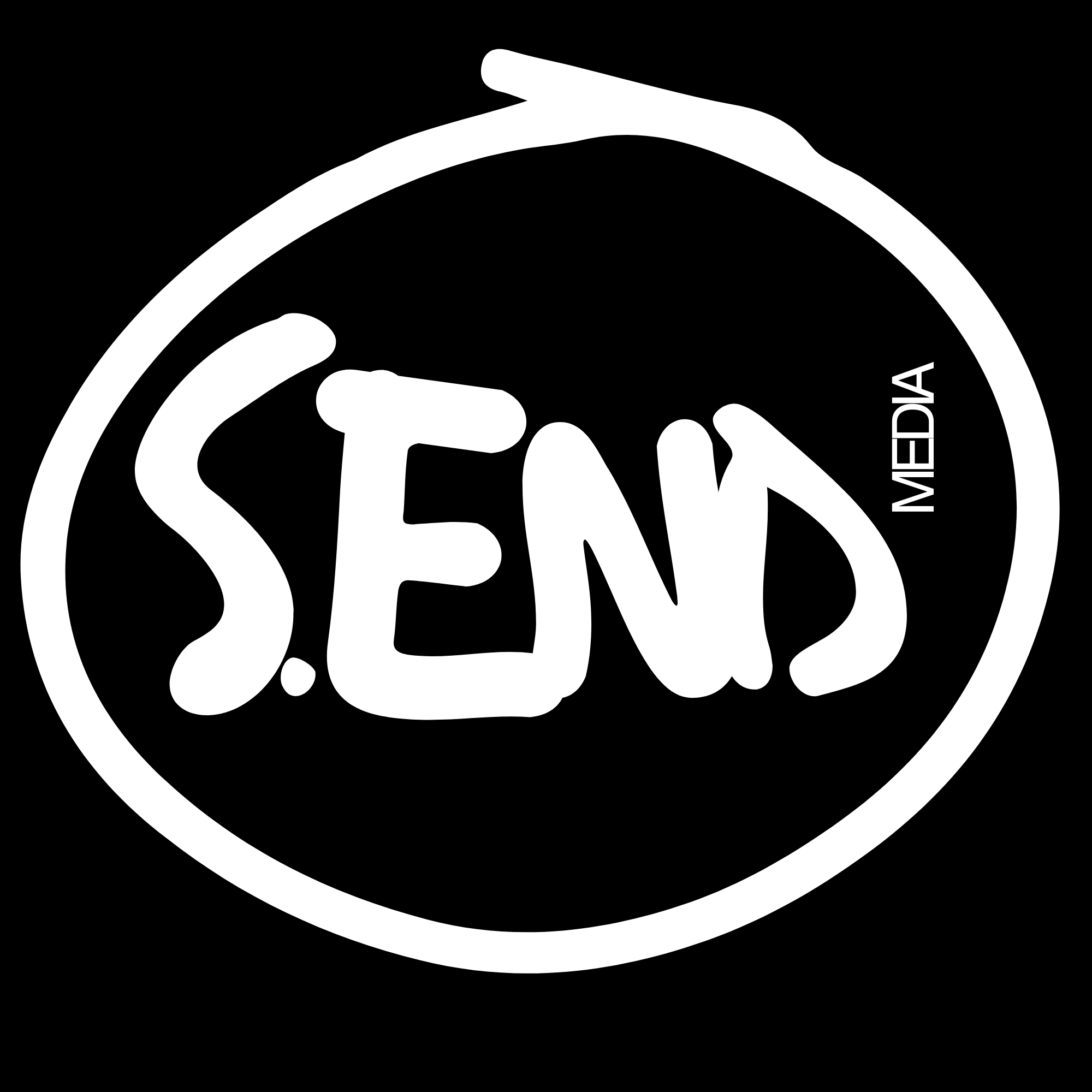 Black and white logo with a stylized hand gripping a circular border, with text that reads "MEDIA BEAT".