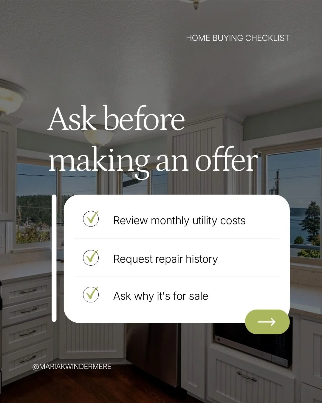 A home interior with large windows overlooking a scenic view, overlaid with text and checklist items related to home buying.
