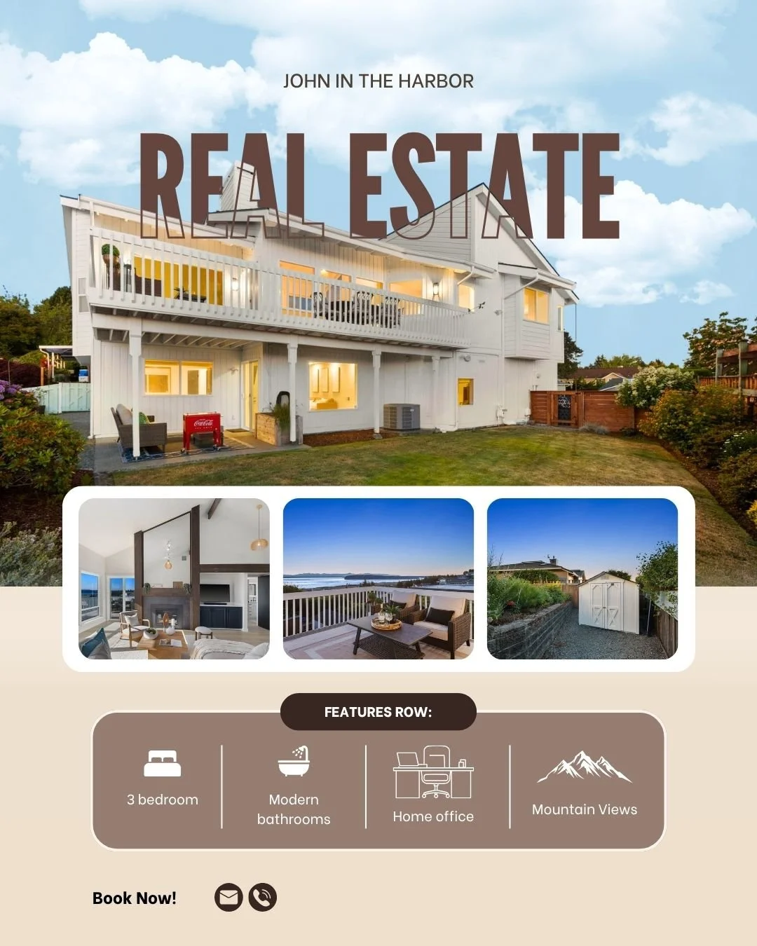 Flyer for a real estate property featuring a large white house with a back porch and yard, additional images of interior living space, balcony with mountain views, and storage shed, highlighting 3 bedrooms, modern bathrooms, home office, and mountain views.