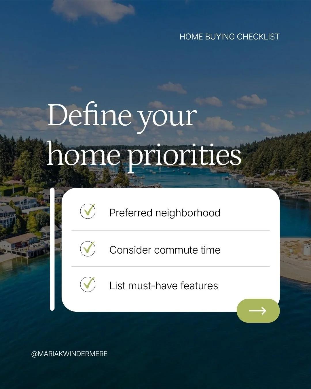 A digital graphic with a scenic lakeside background, displaying a home buying checklist titled 'Define your home priorities.' The checklist includes items: 'Preferred neighborhood,' 'Consider commute time,' and 'List must-have features,' with checkma