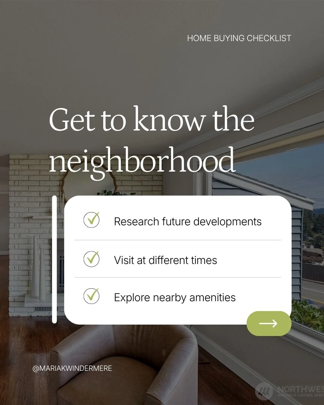 Home buying checklist overlay on a photo of a living room with a window, sofa, and brick wall.