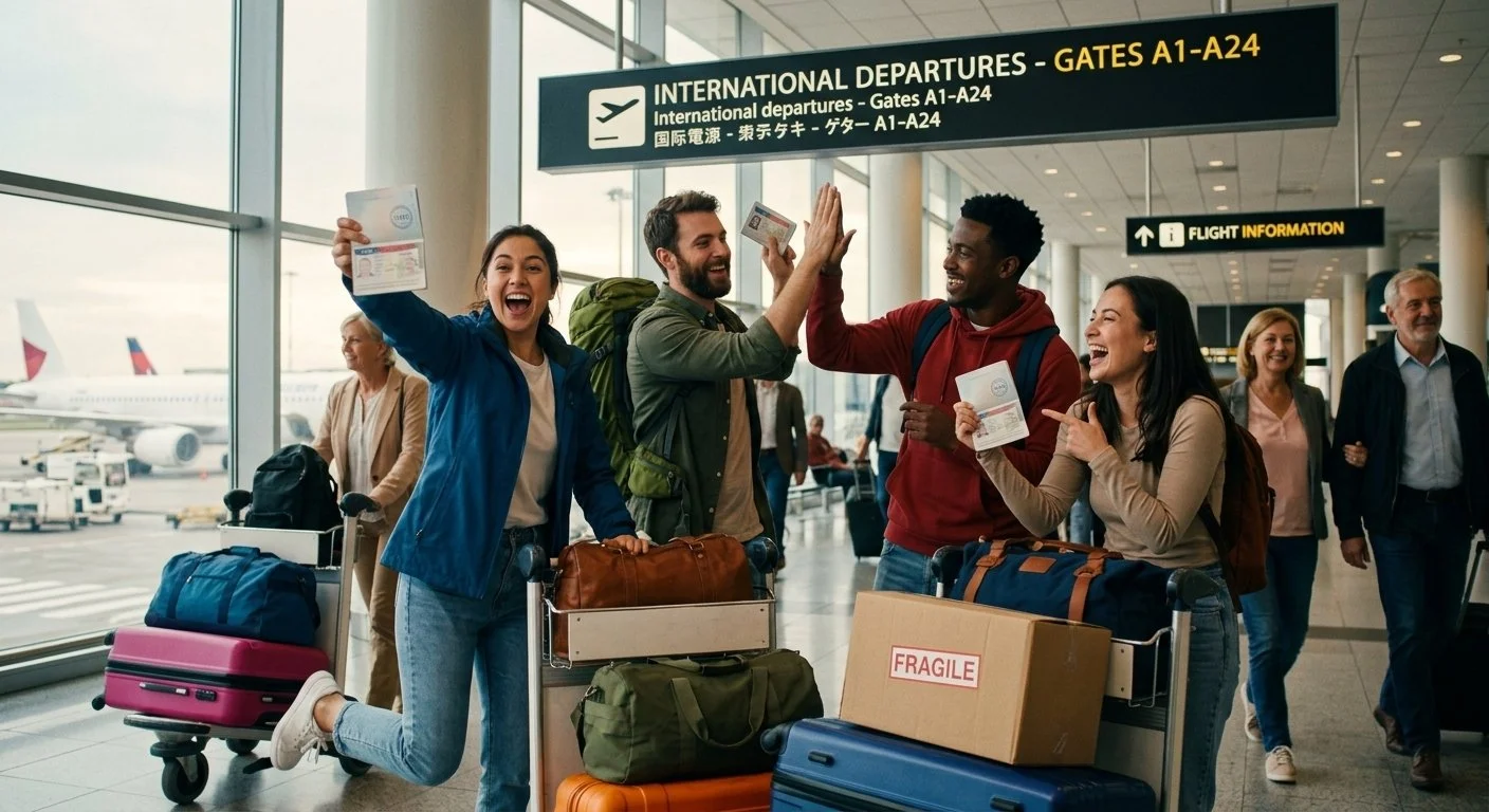 Group of happy travelers celebrating at airport terminal with luggage, with international departures sign overhead and airplanes outside window.