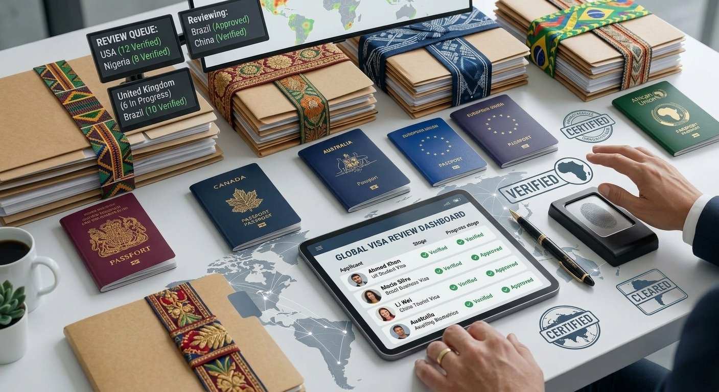 A desk with passports from Canada, Australia, and European countries, and folders with colorful fabric bands, alongside a tablet showing a global visa review dashboard with a verified status and a person’s hands operating it. Labels on the desk include "Verified," "Certified," and "Cleared."