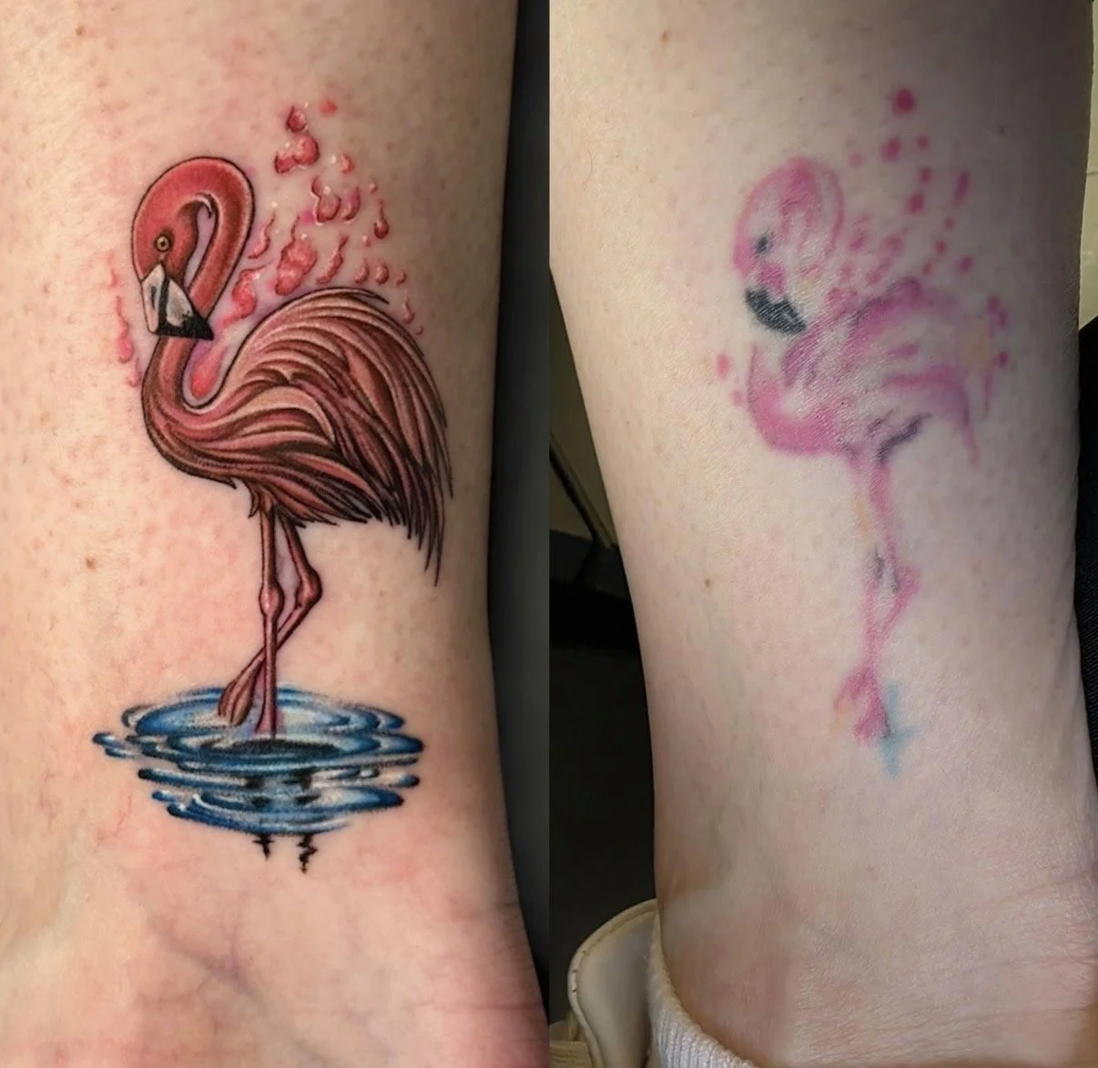 Before-and-after colour restoration of a pink flamingo tattoo standing in blue water, by Chris Kennedy.