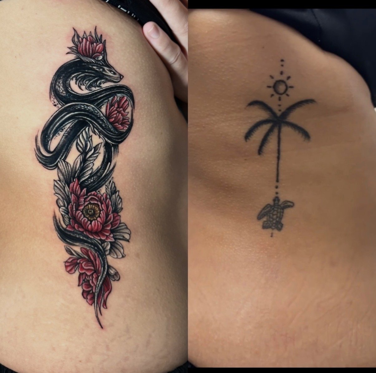 Before-and-after cover-up tattoo replacing a palm tree and turtle with a dark dragon and red flowers, by Chris Kennedy.
