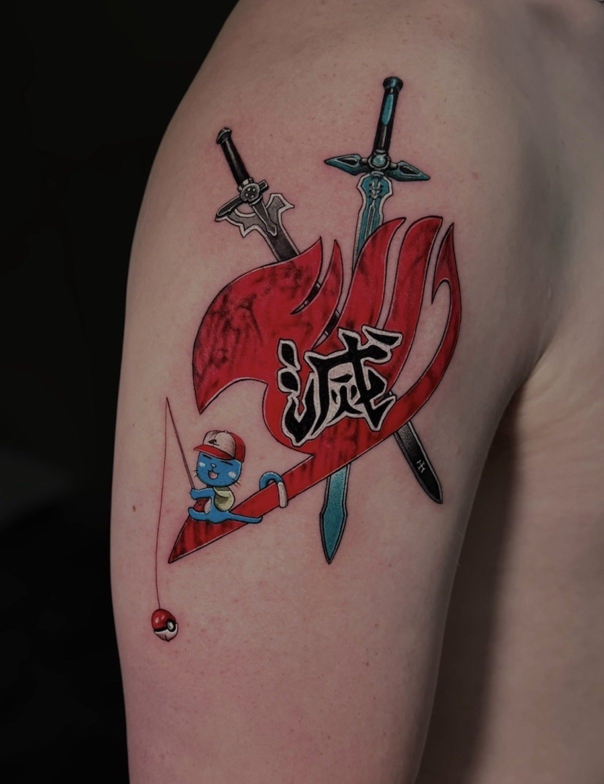 Colour anime tattoo with a red emblem, crossed swords and a blue cat holding a Poké Ball, by Chris Kennedy.