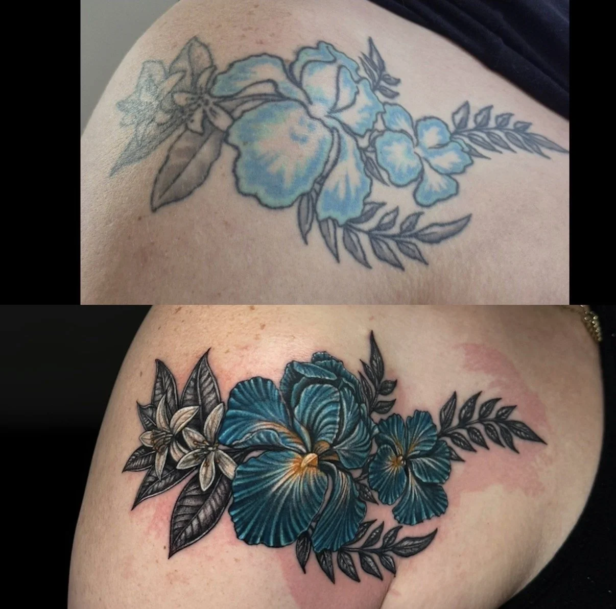 Before-and-after colour restoration of blue hibiscus flowers with black and grey leaves, by Chris Kennedy.