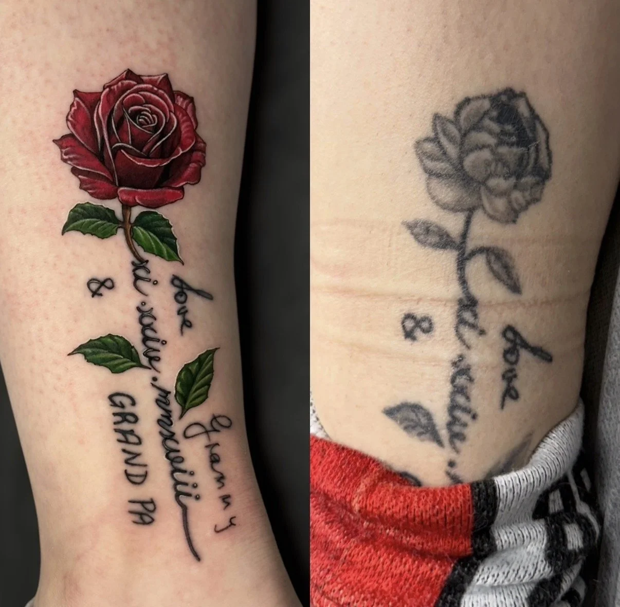 Before-and-after red rose tattoo restoration with green leaves and memorial lettering, by Chris Kennedy.