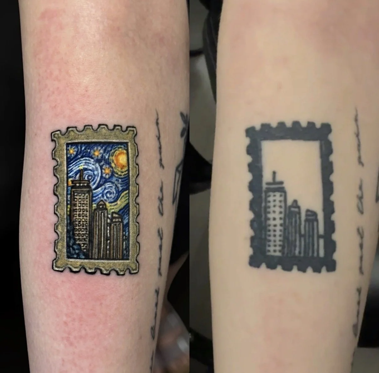 Before-and-after colour restoration of a postage stamp tattoo with city buildings beneath a swirling blue and yellow night sky, by Chris Kennedy.