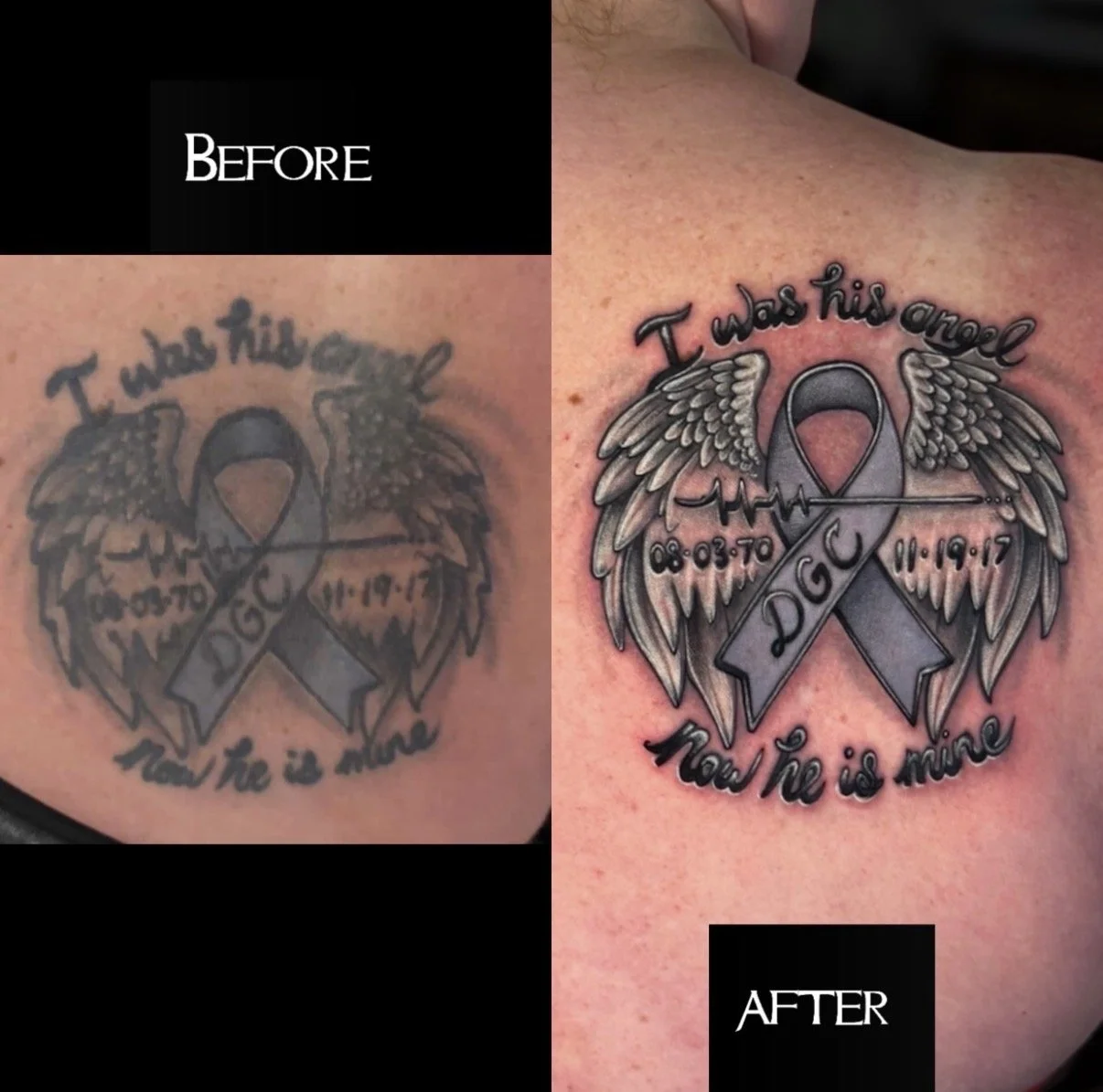 Before-and-after black and grey restoration of a memorial ribbon and angel wings tattoo with lettering and dates, by Chris Kennedy.