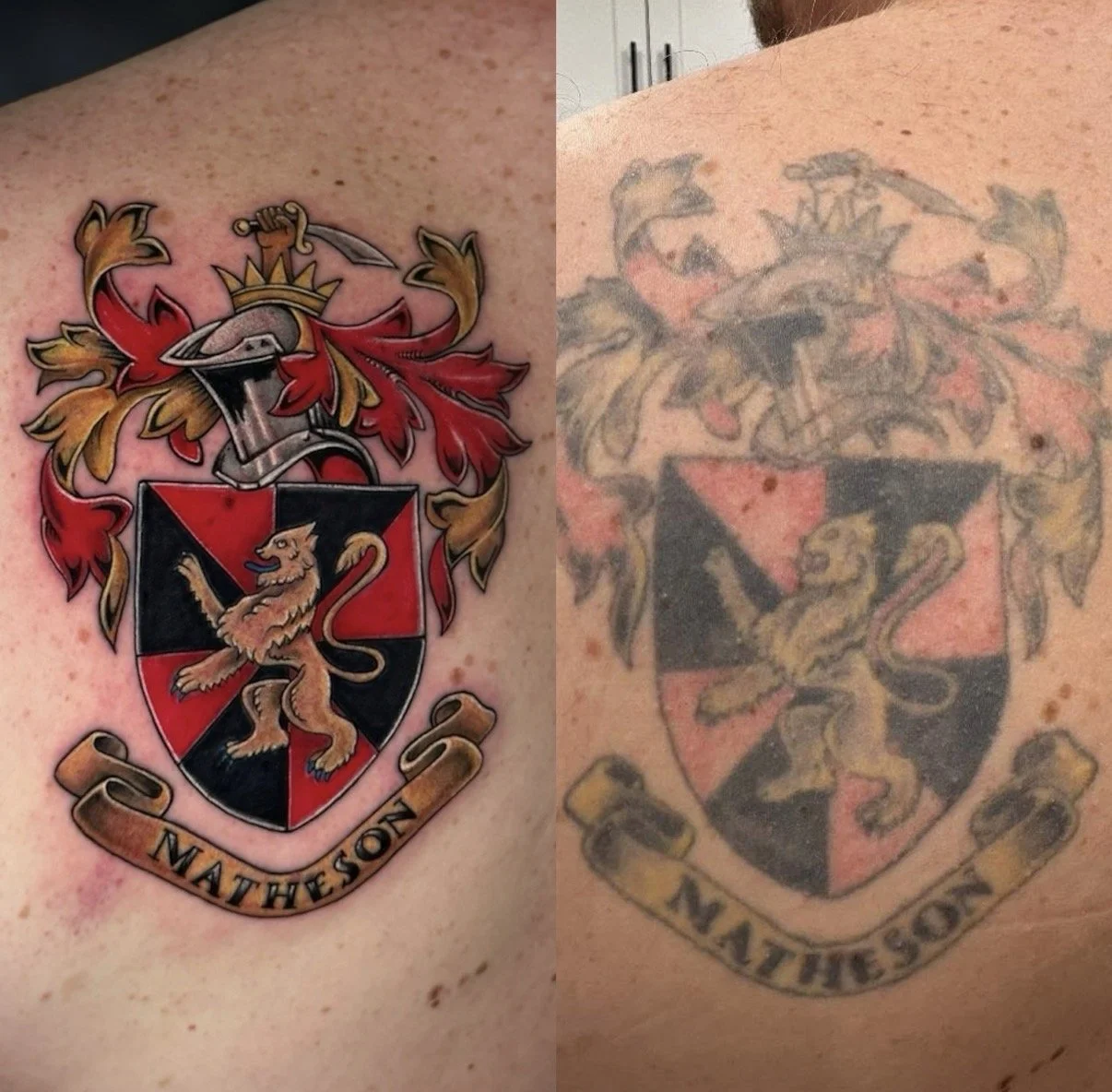 Before-and-after colour Matheson family crest tattoo restoration with a lion, by Chris Kennedy.