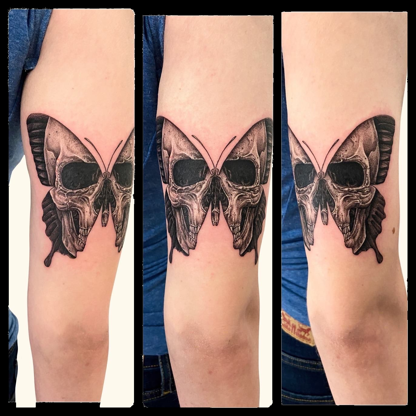 Three views of a butterfly tattoo with a skull-inspired wing pattern.