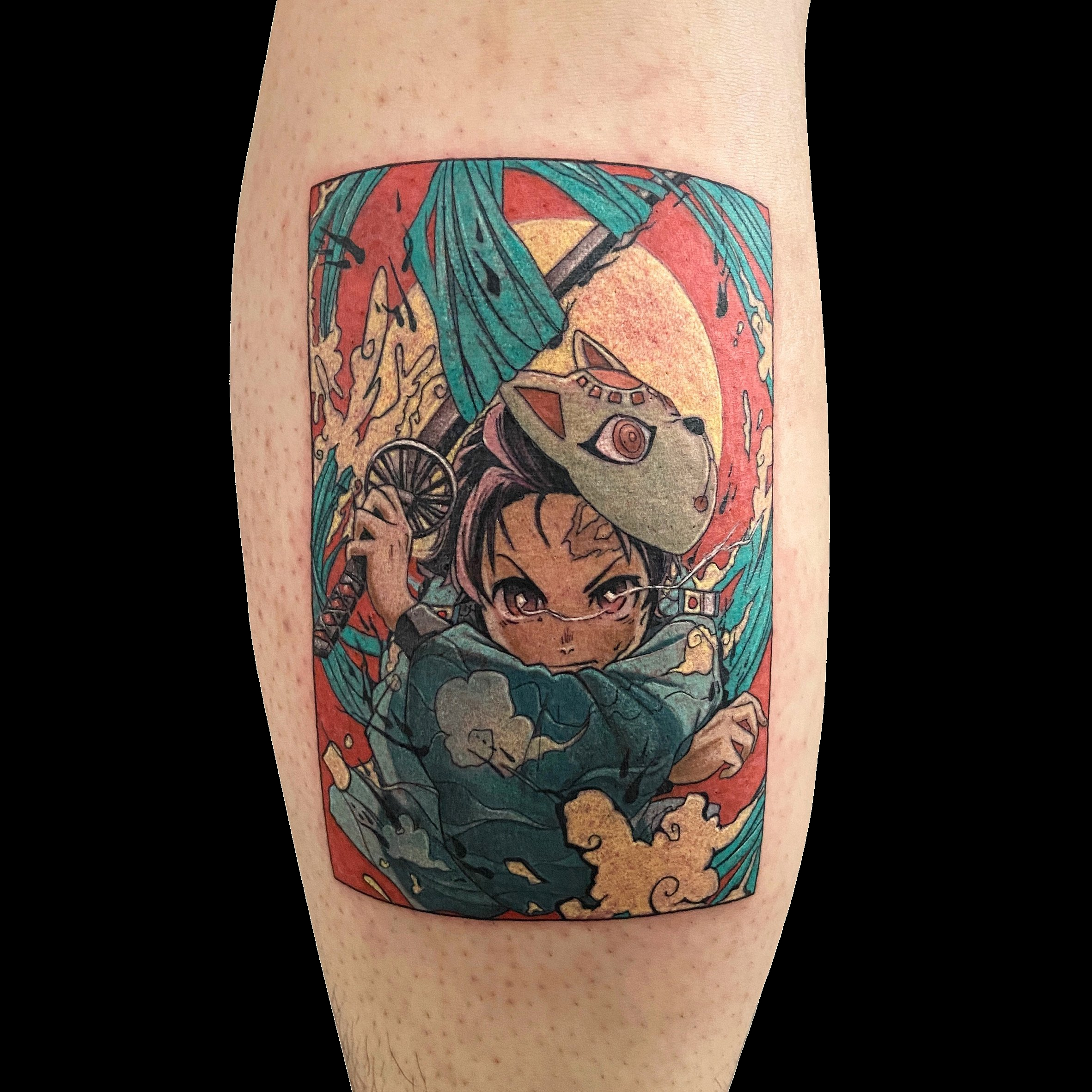 Colourful illustrated character tattoo composition.