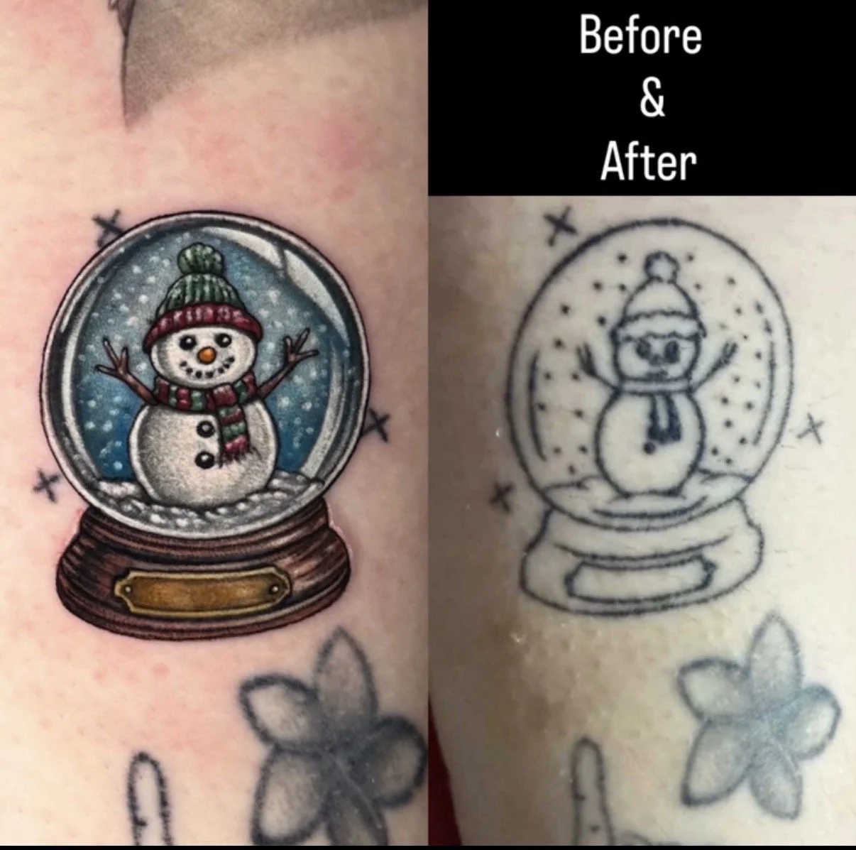 Before-and-after colour restoration of a snowman snow globe tattoo with a blue snowy background and wooden base, by Chris Kennedy.