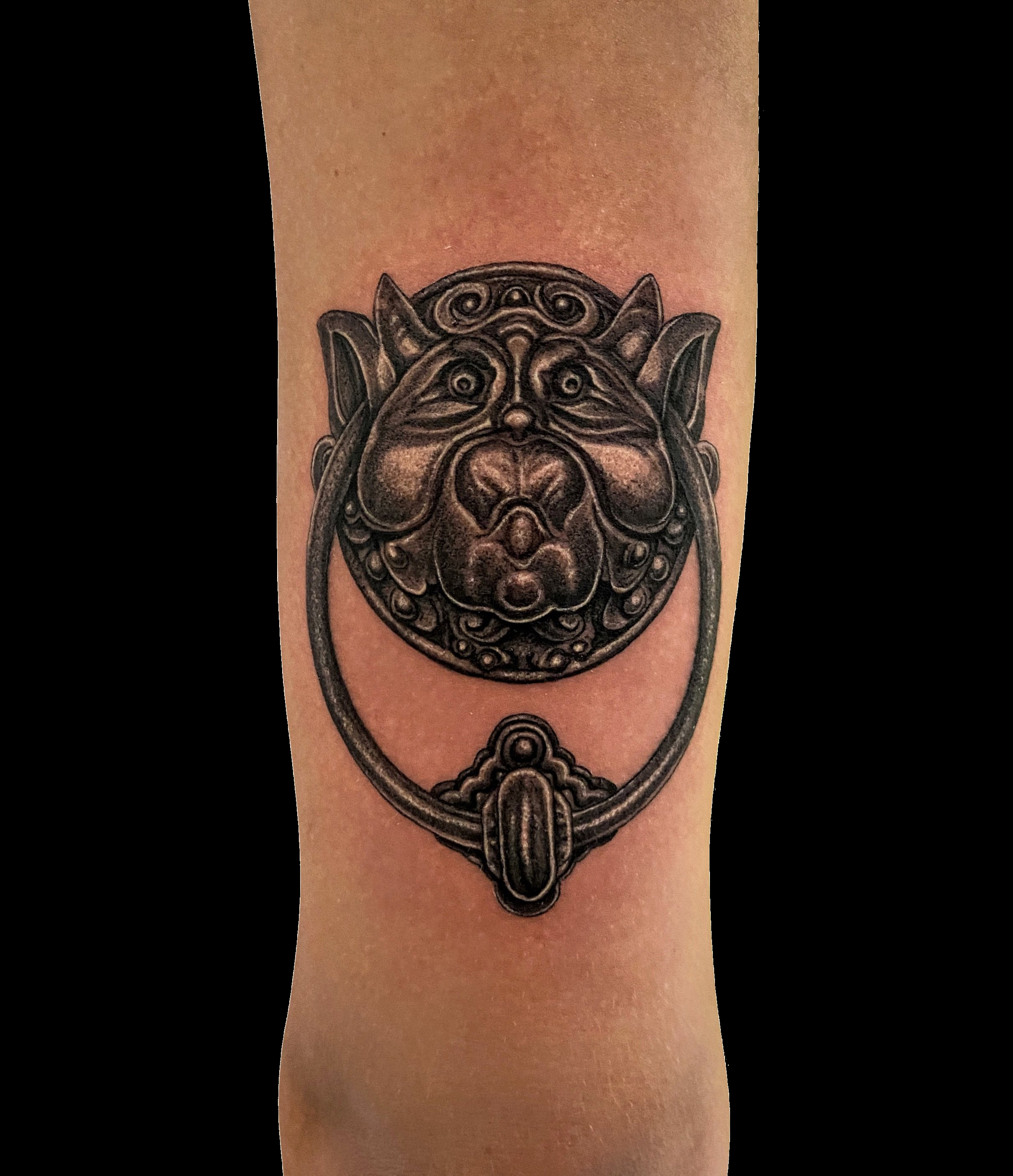 Black and grey lion portrait tattoo in an ornate mirror-like frame.