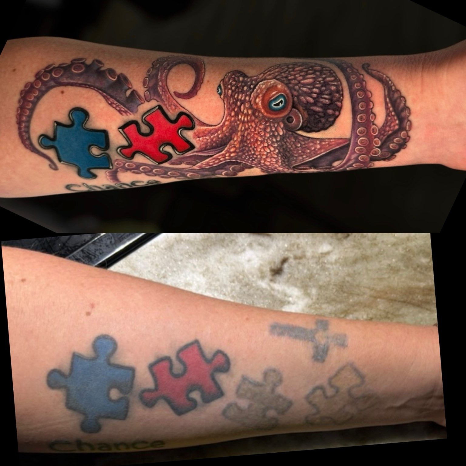 Before-and-after octopus cover-up tattoo with red and blue puzzle pieces, by Chris Kennedy.