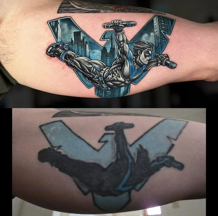Nightwing tattoo restoration before and after