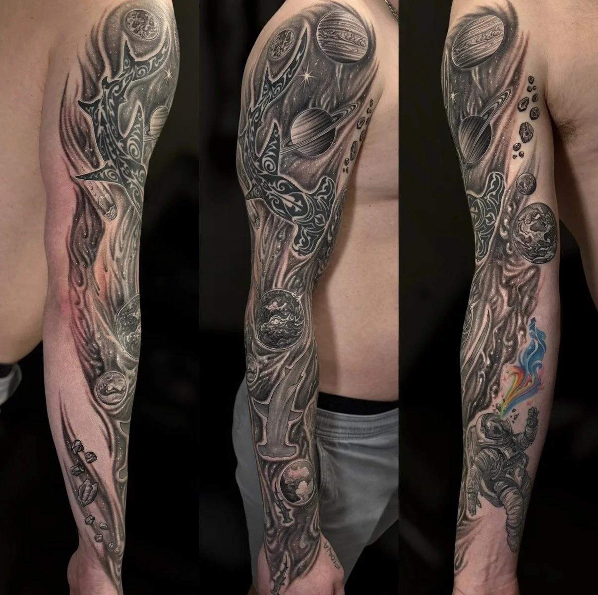 Three views of a black and grey space sleeve tattoo with planets, an astronaut and a tribal shark, by Chris Kennedy.