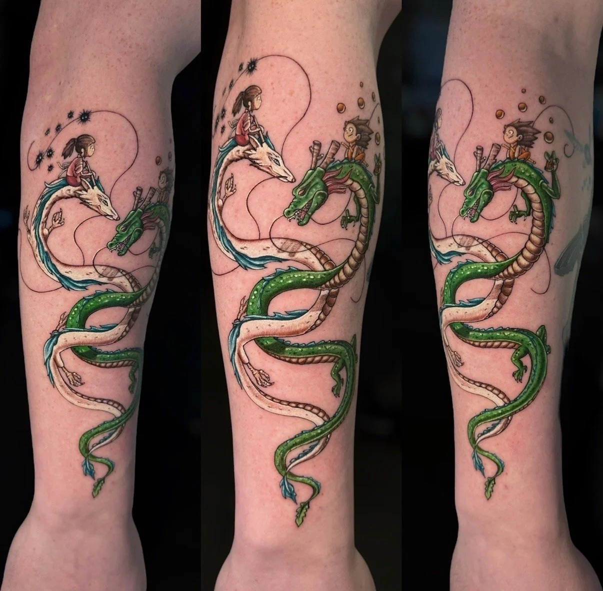 Colour dragon tattoo featuring Haku and Shenron with Chihiro and Goku, shown from three angles, by Chris Kennedy.