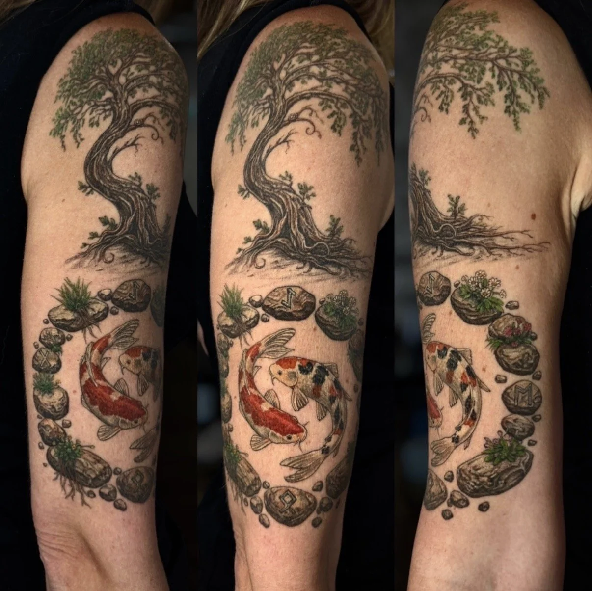 Three views of a colour tattoo with a twisting tree above two koi fish surrounded by stones, runes and small plants, by Chris Kennedy.
