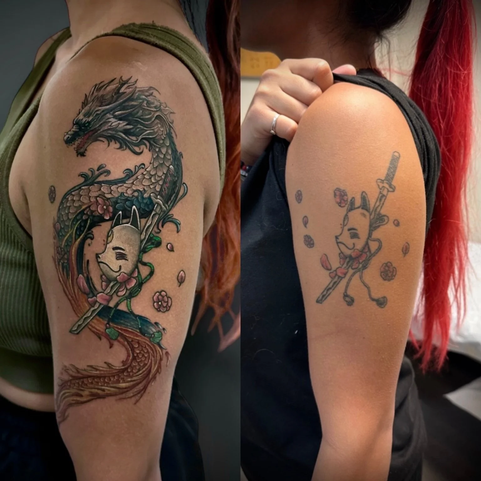 Before-and-after dragon and fox mask tattoo rework, by Chris Kennedy.