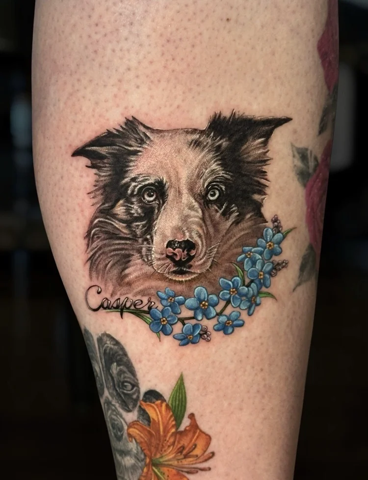 Cooper dog portrait with blue forget-me-nots by Chris Kennedy