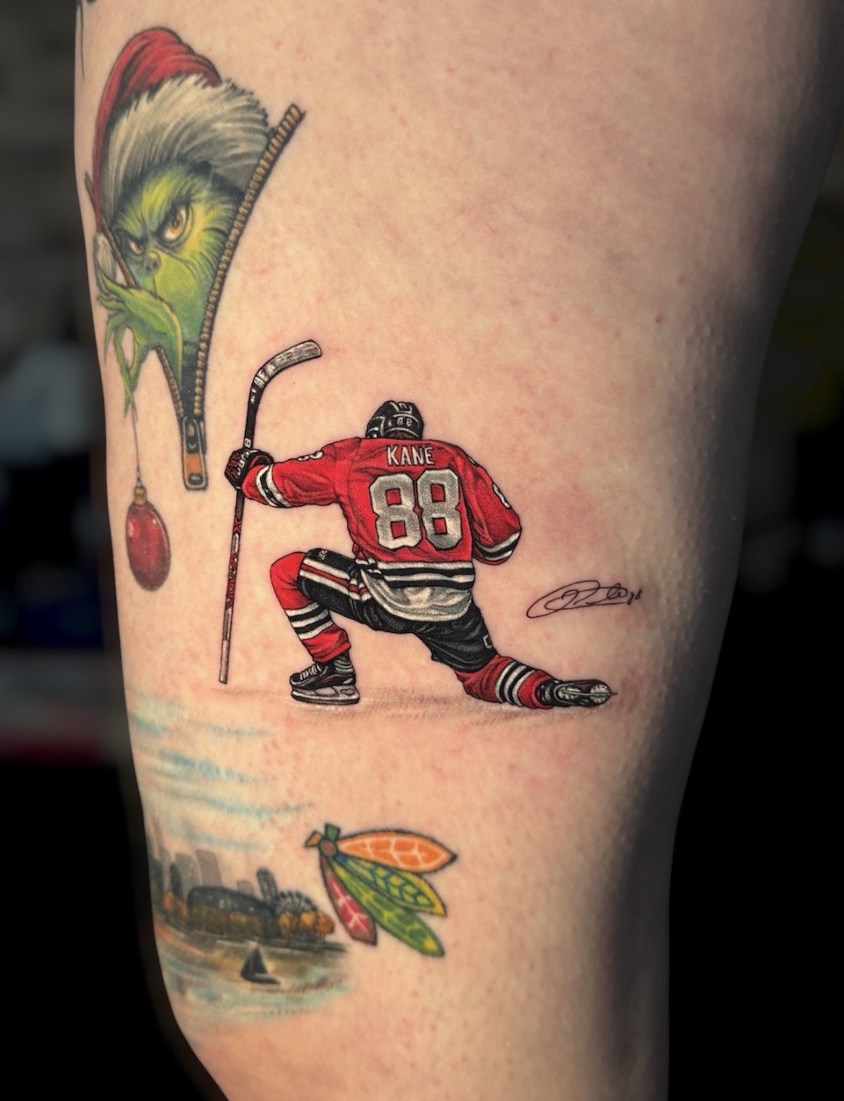 Colour Patrick Kane hockey player tattoo in a red number 88 jersey, by Chris Kennedy.