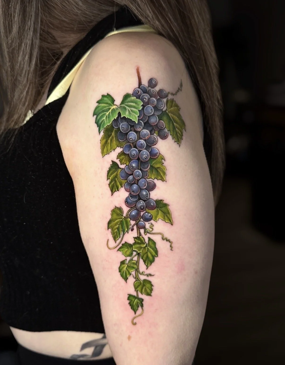 Colour grapevine tattoo with purple grapes, green leaves and curling tendrils, by Chris Kennedy.