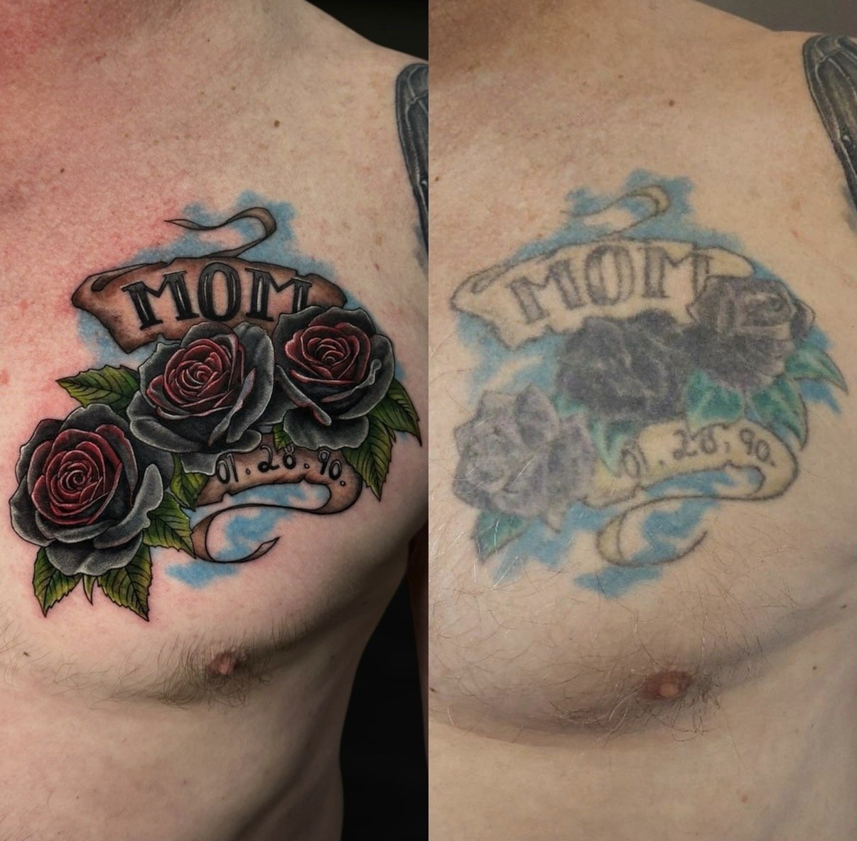 Before-and-after colour restoration of a Mom memorial tattoo with roses and banners, by Chris Kennedy.