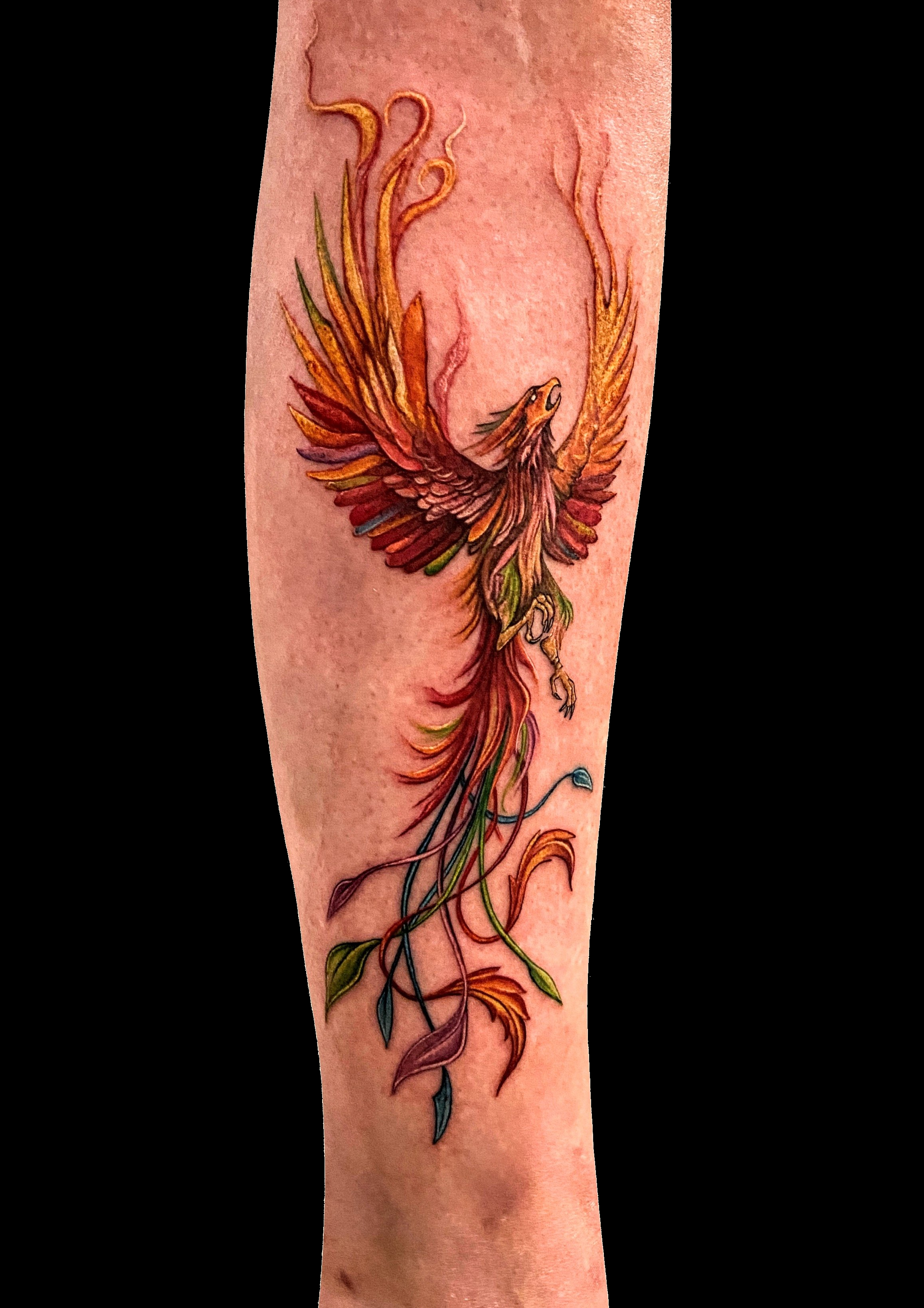 Orange and red phoenix tattoo with sweeping feathers.