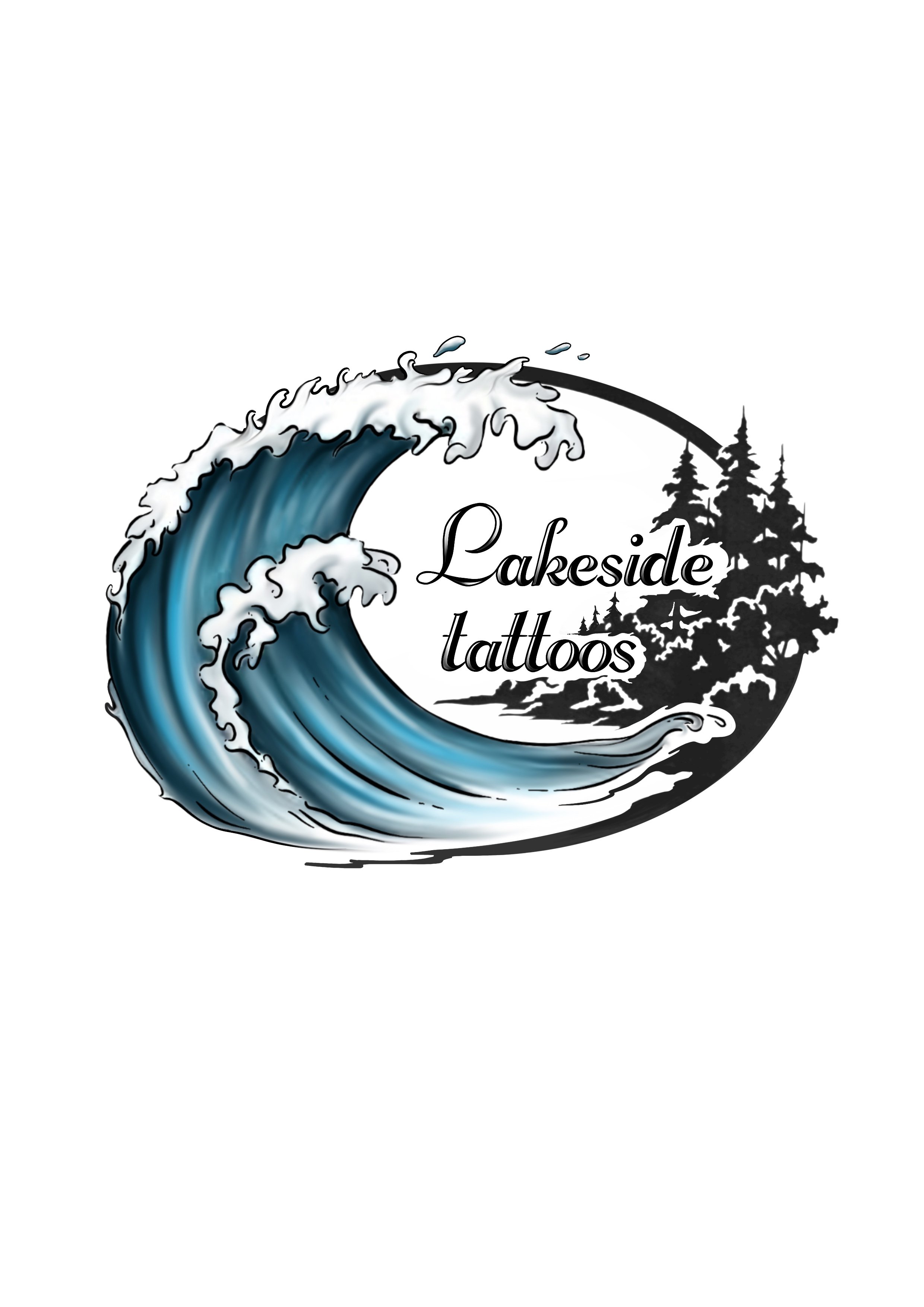 Lakeside Tattoos logo featuring a blue wave and pine trees
