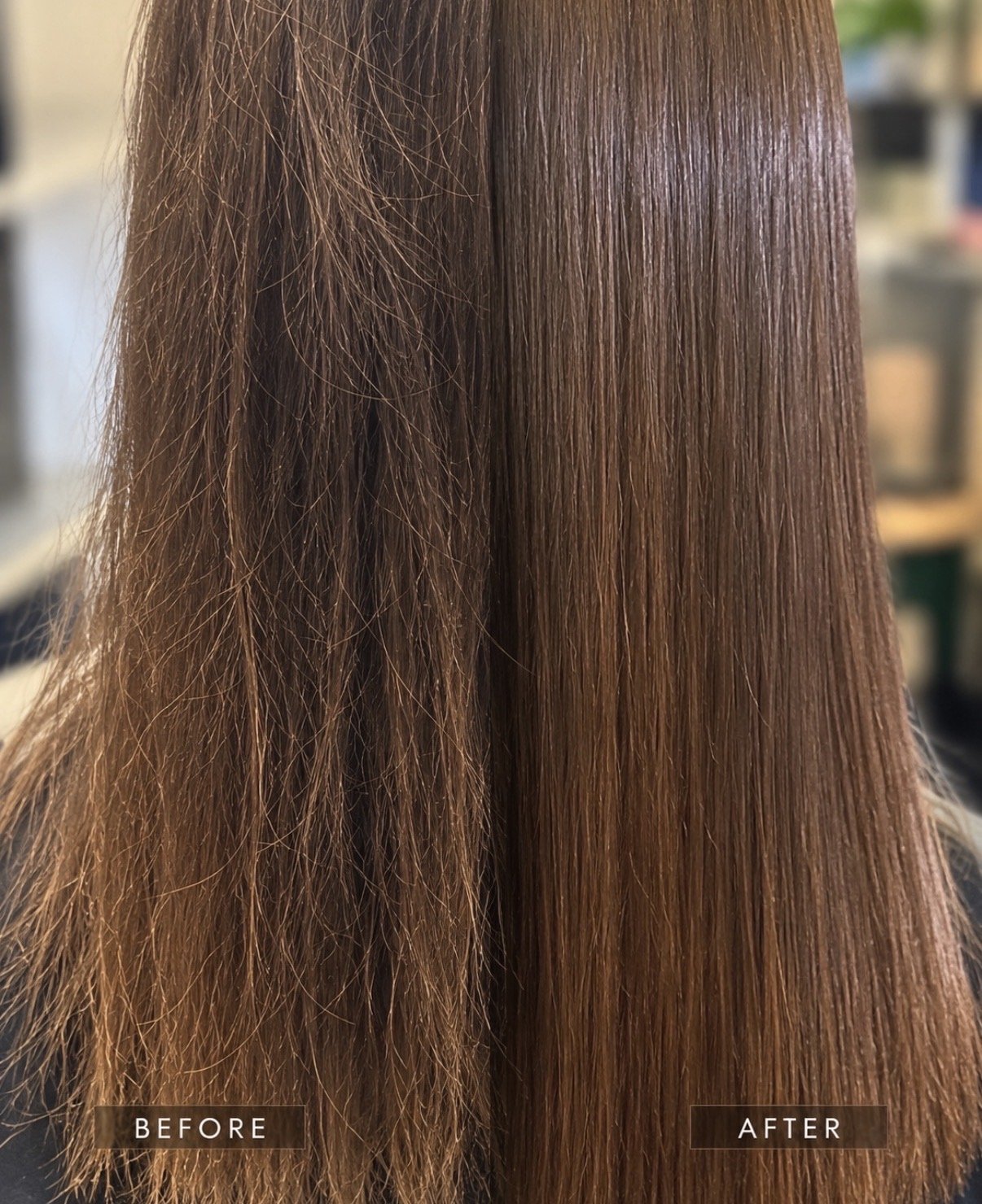 Before and after Brazilian Blowout smoothing treatment showing reduced frizz and smoother, shinier brunette hair.