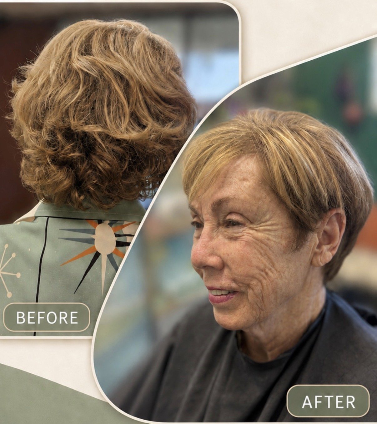Before and after Brazilian Blowout and pixie haircut transformation with smooth, polished styling at Zen Den Salon in Encinitas.
