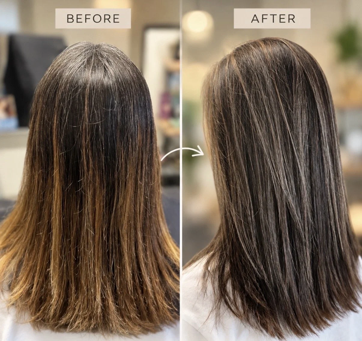 Before and after gray blending with highlights, lowlights, and gloss for soft, dimensional brunette hair at Zen Den Salon in Encinitas.