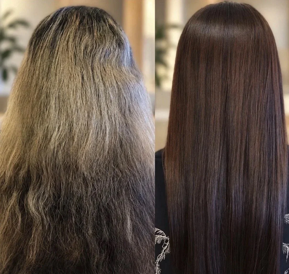 Before and after hair smoothing treatment showing frizzy, textured hair compared with smoother, straighter, shinier hair at Zen Den Salon & Boutique in Encinitas, CA.