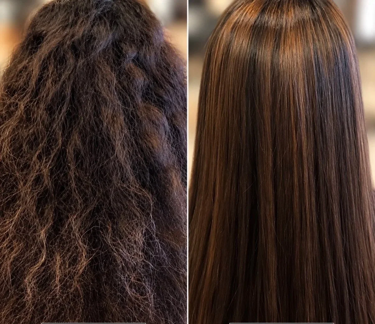 Before and after Brazilian Blowout treatment showing frizzy, wavy brunette hair transformed into sleek, smooth, shiny hair at Zen Den Salon & Boutique in Encinitas, CA.
