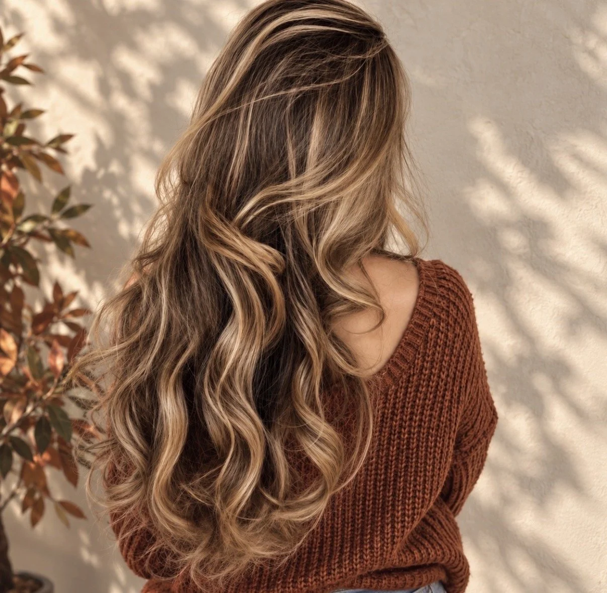 Long dimensional brunette hair with soft caramel blonde highlights, balayage, and loose waves.