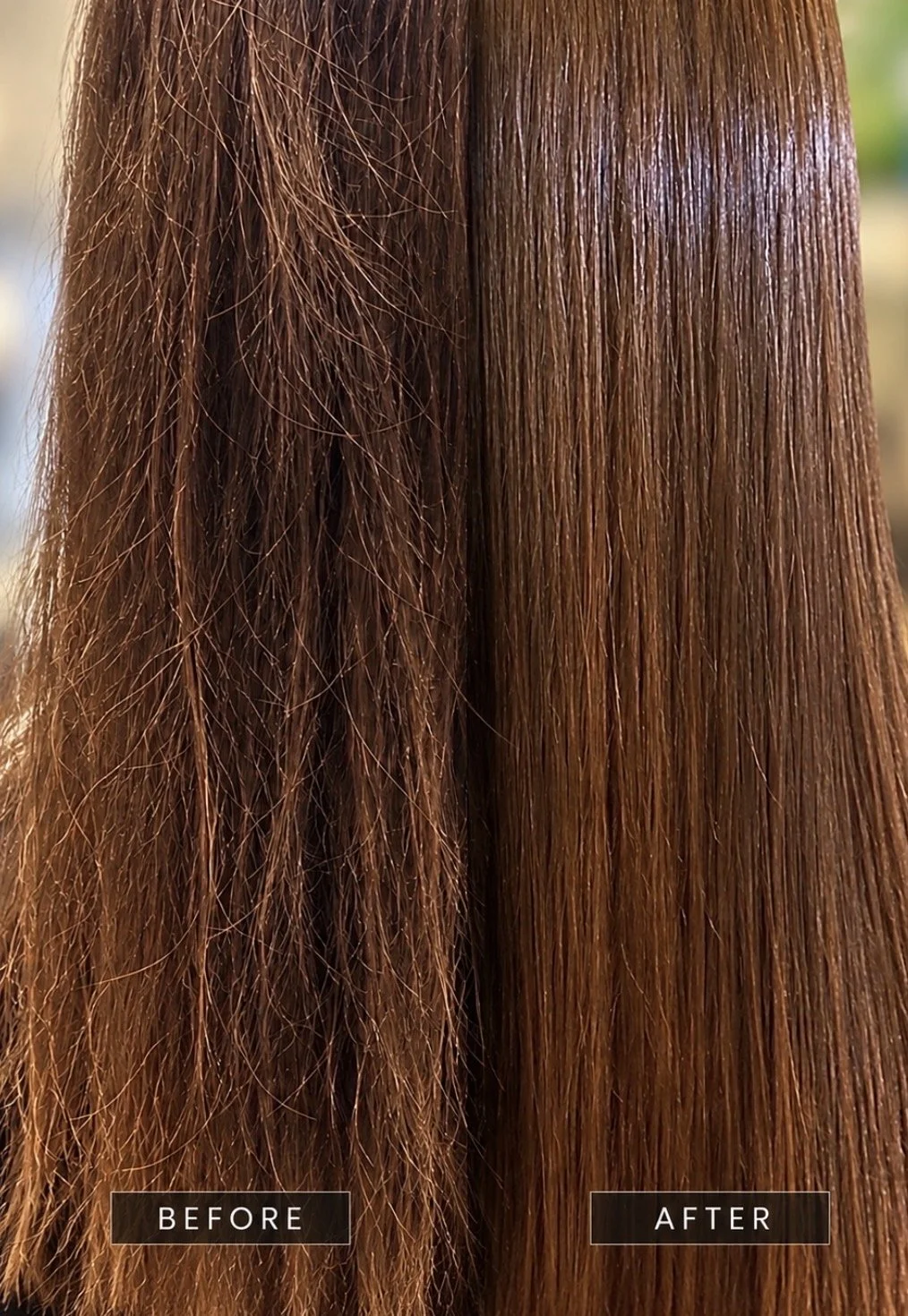 Before-and-after Brazilian Blowout showing frizz reduction and smoother, straighter hair at Zen Den Salon & Boutique in Encinitas, CA.