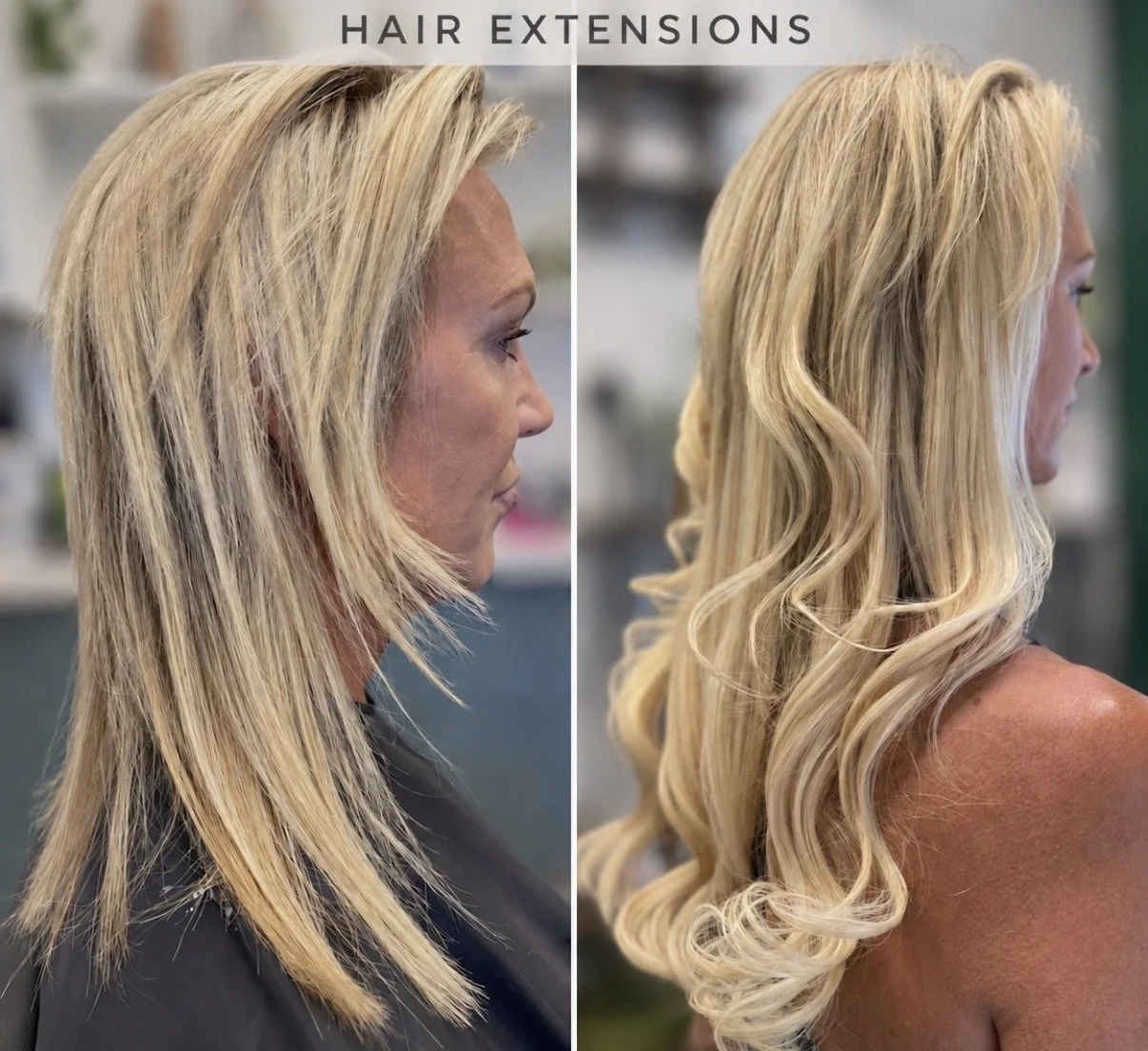 Before and after blonde hair extensions adding length, volume, and seamless natural-looking fullness at Zen Den Salon in Encinitas.
