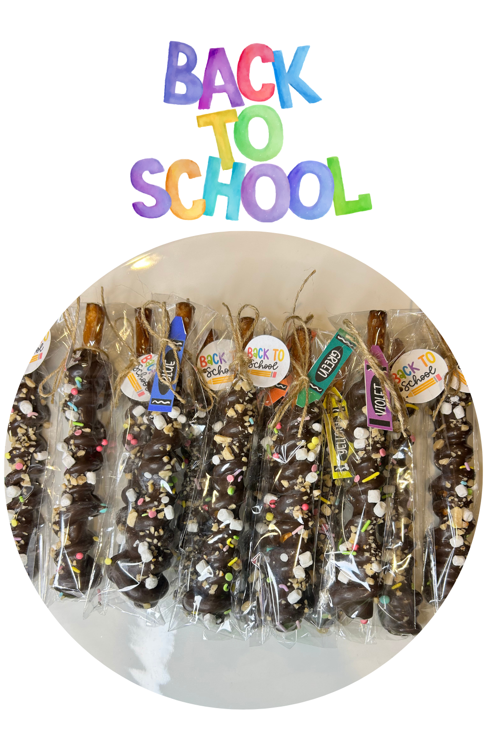 Back to School Chocolate Pretzel Rods, Gourmet Dipped Favors (Set of 12+)