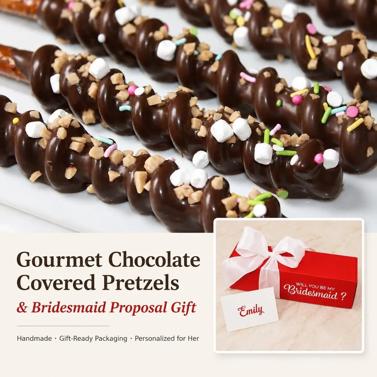 Bridesmaid Proposal Gift Box - 6 Gourmet Chocolate Covered Pretzels