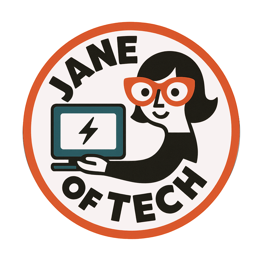 A circular sticker with a woman wearing red glasses holding a laptop with a lightning bolt, and the text 'Jane of Tech'.