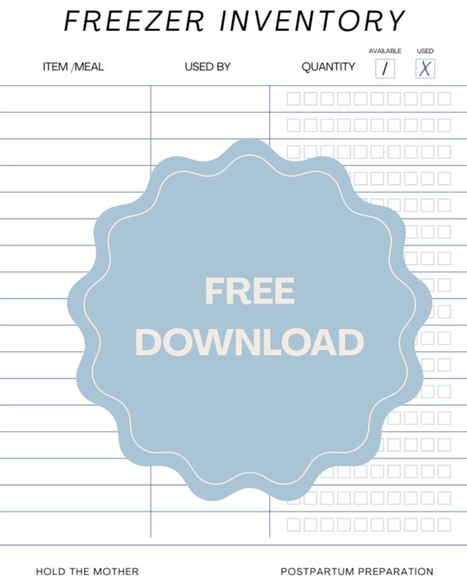A freezer inventory sheet with columns for item, used by, quantity, available, and used. There is a large blue badge in the center that reads "FREE DOWNLOAD."