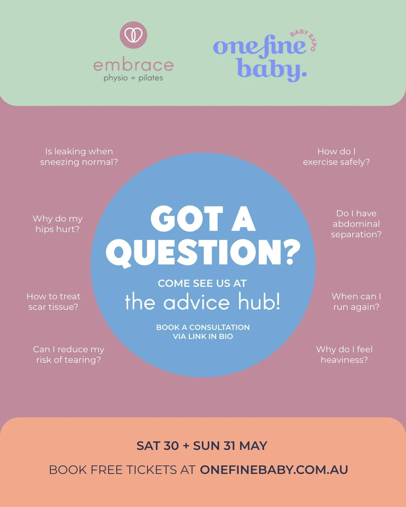 Two days to go until the One Fine Baby Expo! 

If you are asking yourself any of these questions, come visit the Embrace Physio + Pilates team at the Advice Hub this weekend. 

We are ready to help you navigate pregnancy, birth preparation and postna
