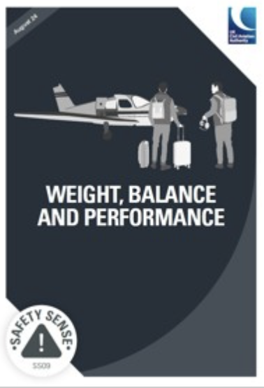 Cover of a safety manual titled 'Weight, Balance, and Performance' with illustration of two pilots near an airplane.