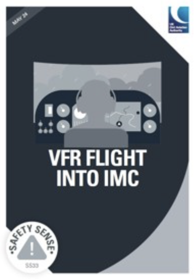 Cover of a safety booklet titled 'VFR Flight Into IMC' with an illustration of a pilot in cockpit, and logos in the top corners.